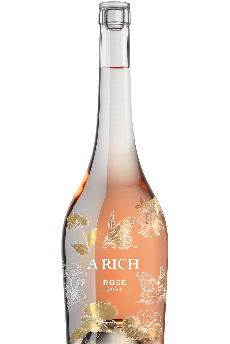 A Rich Rosé 2024 bottle with hand-illustrated butterflies and blooms